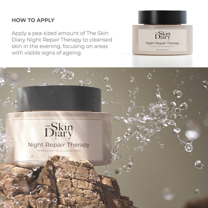 Night Repair Therapy cream in a beige jar with black lid and minimalist Skin Diary label