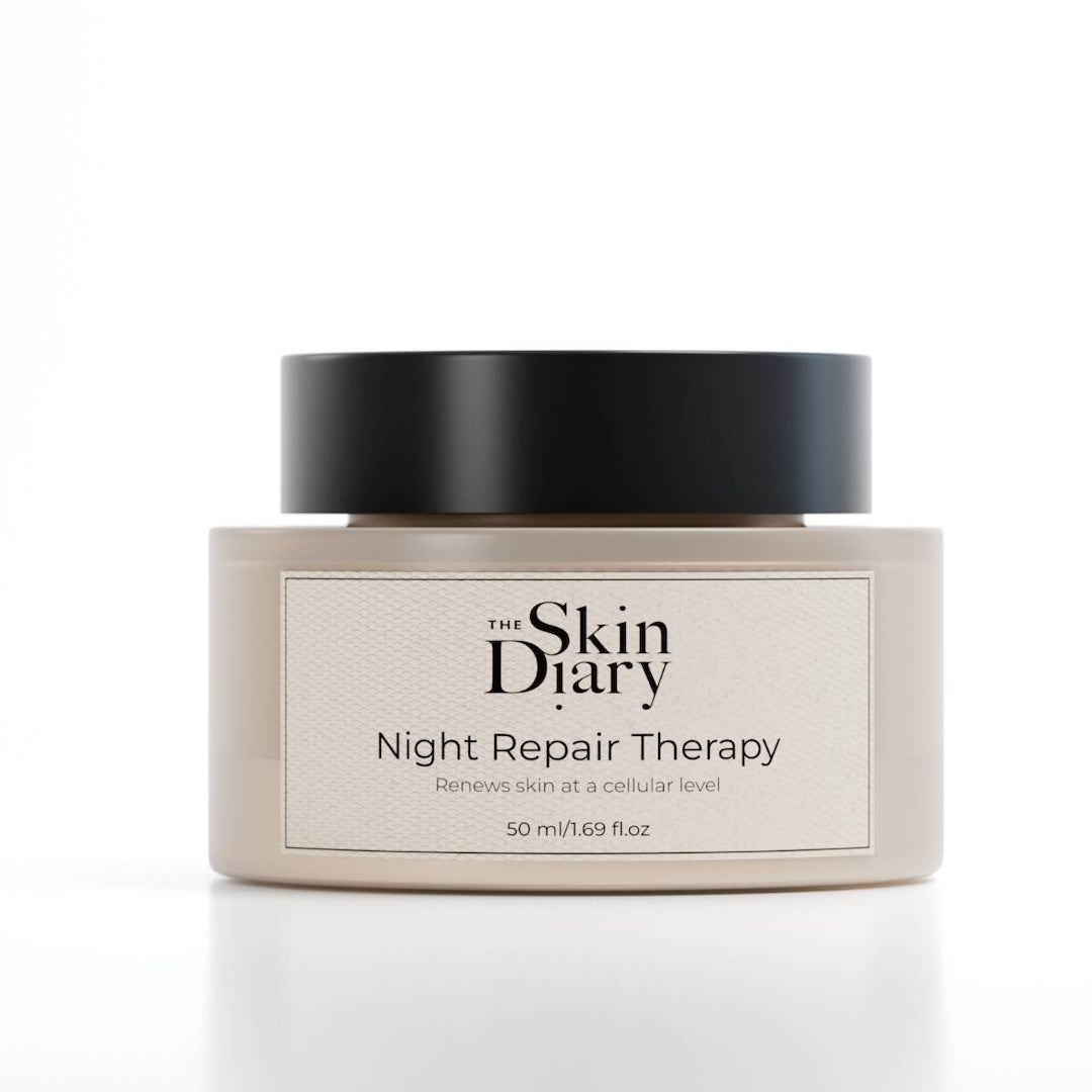 Night Repair Therapy night cream in a beige glass jar with black lid and minimalist Skin Diary label