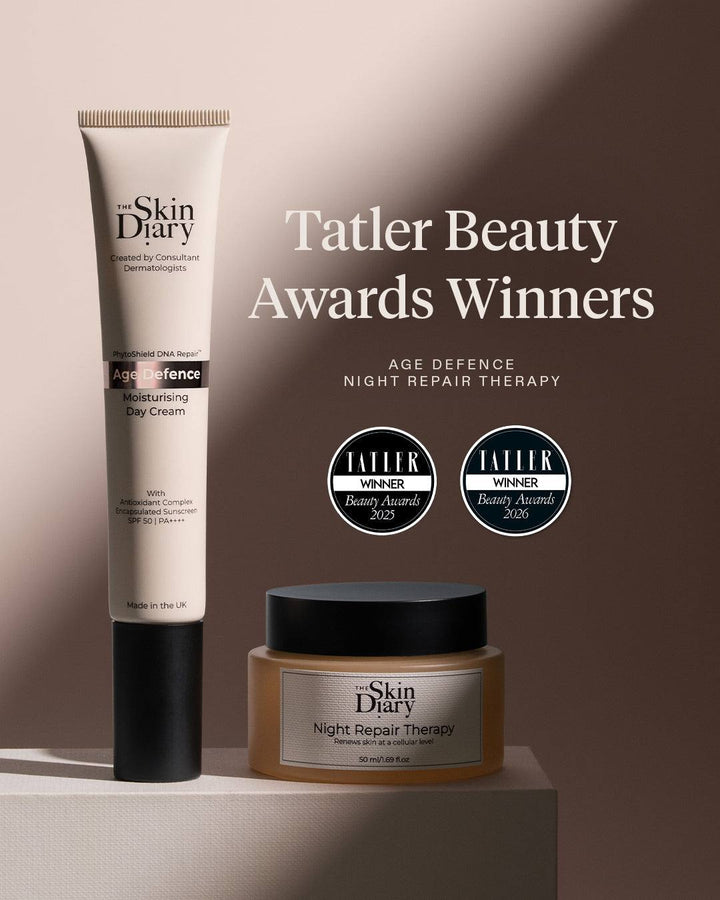 Night Repair Therapy night cream and Age Defence moisturizing day cream from The Skin Diary with award-winning packaging