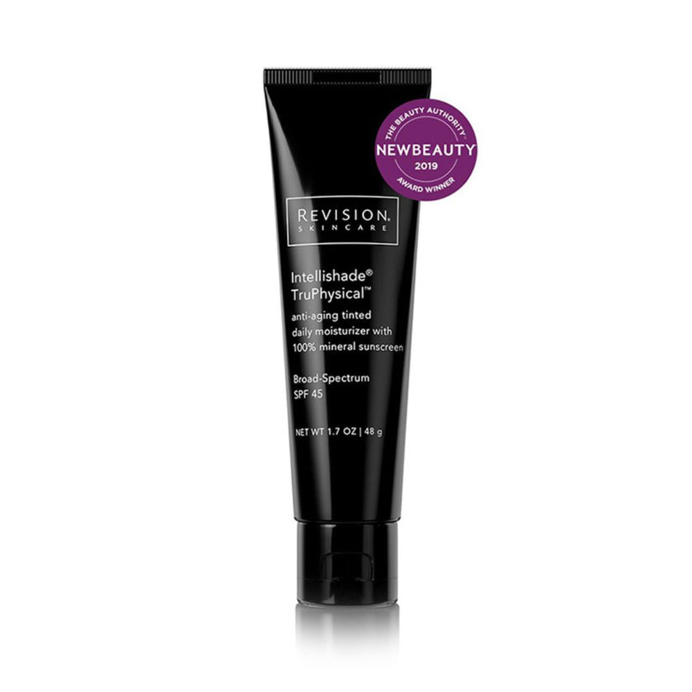 Niki's Skincare Bundle featuring a black Revision Skincare Intellishade TruPhysical tinted mineral sunscreen tube with SPF 45