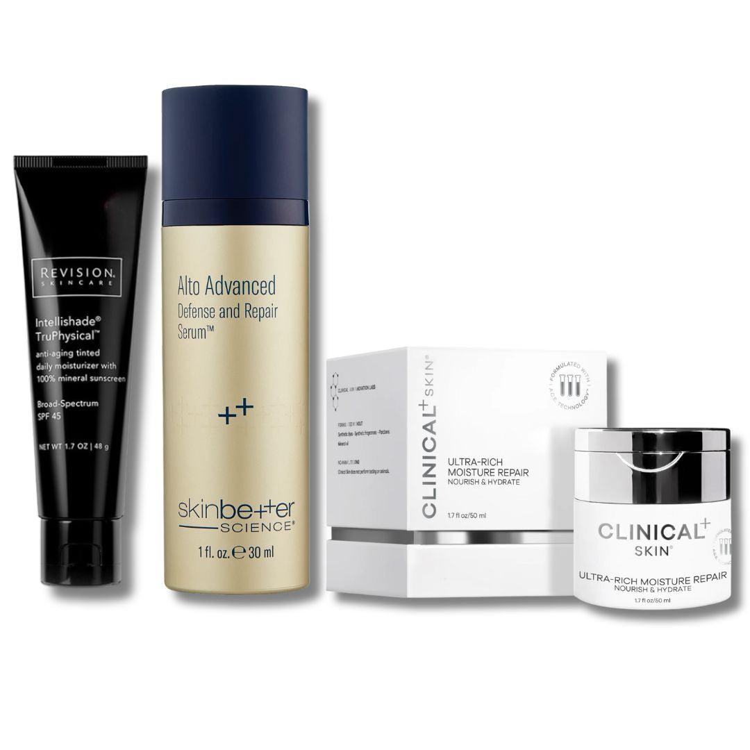Niki's Skincare Bundle with black tinted mineral SPF, gold antioxidant serum, and white moisturiser jar and boxes