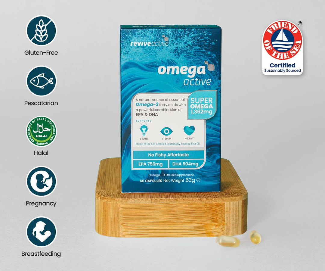Omega Active omega-3 fish oil supplement box in blue packaging with 1,362mg super omega-3 capsules
