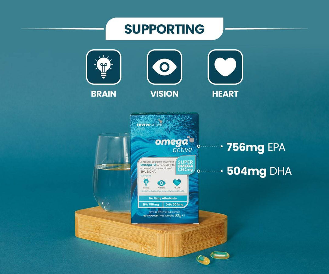 Omega Active omega-3 supplement box in blue packaging with 756mg EPA and 504mg DHA details