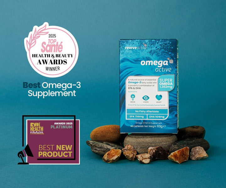 Omega Active omega-3 supplement box in blue packaging with award-winning labels and 1,362mg fish oil claim