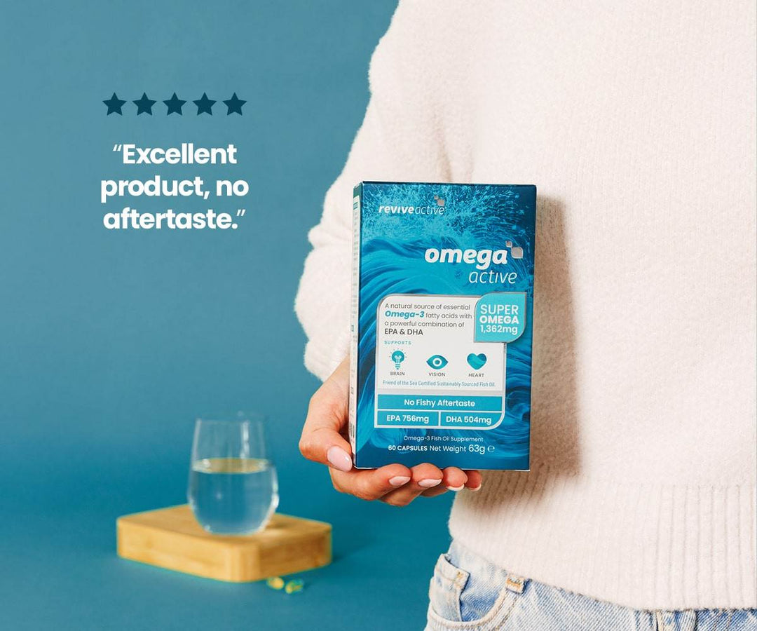 Omega Active omega-3 supplement box in blue packaging, held upright with a Super Omega 1362mg label