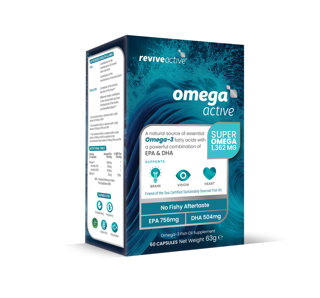 Omega Active omega-3 fish oil supplement box with blue ocean pattern, teal branding, and EPA DHA details