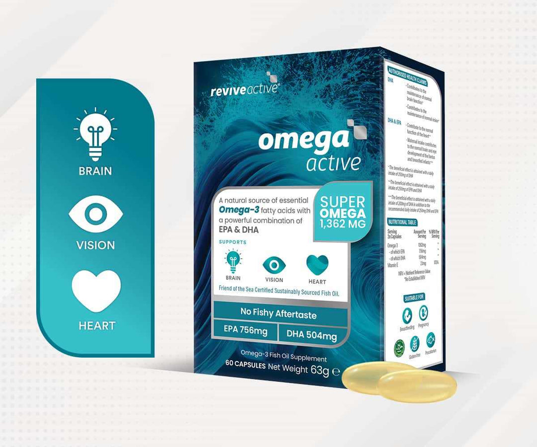 Omega Active omega-3 fish oil supplement box with teal ocean pattern, EPA and DHA details, and capsules