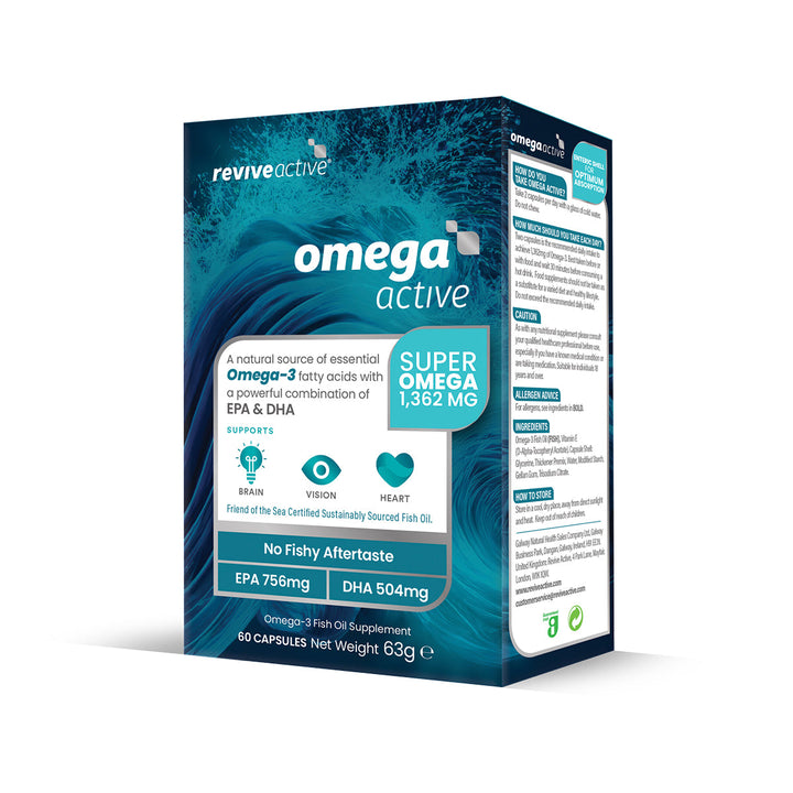 Omega Active omega-3 fish oil supplement box in teal and navy packaging with EPA and DHA details