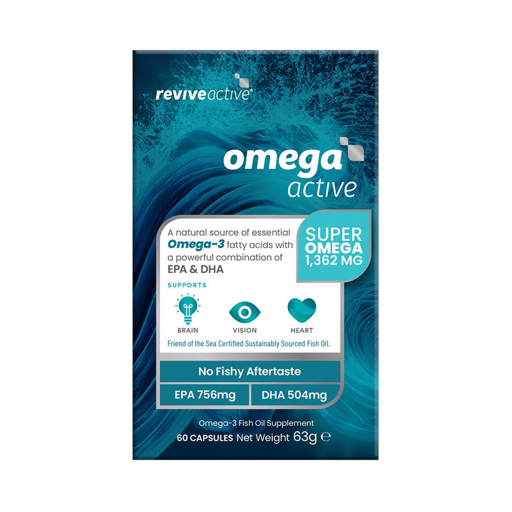 Omega Active omega-3 fish oil supplement box in teal packaging with EPA, DHA and no fishy aftertaste claims