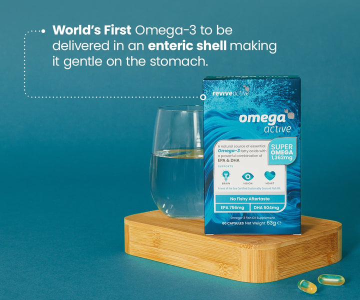 Omega Active omega-3 supplement box with blue packaging, enteric shell claim, and capsules displayed beside it