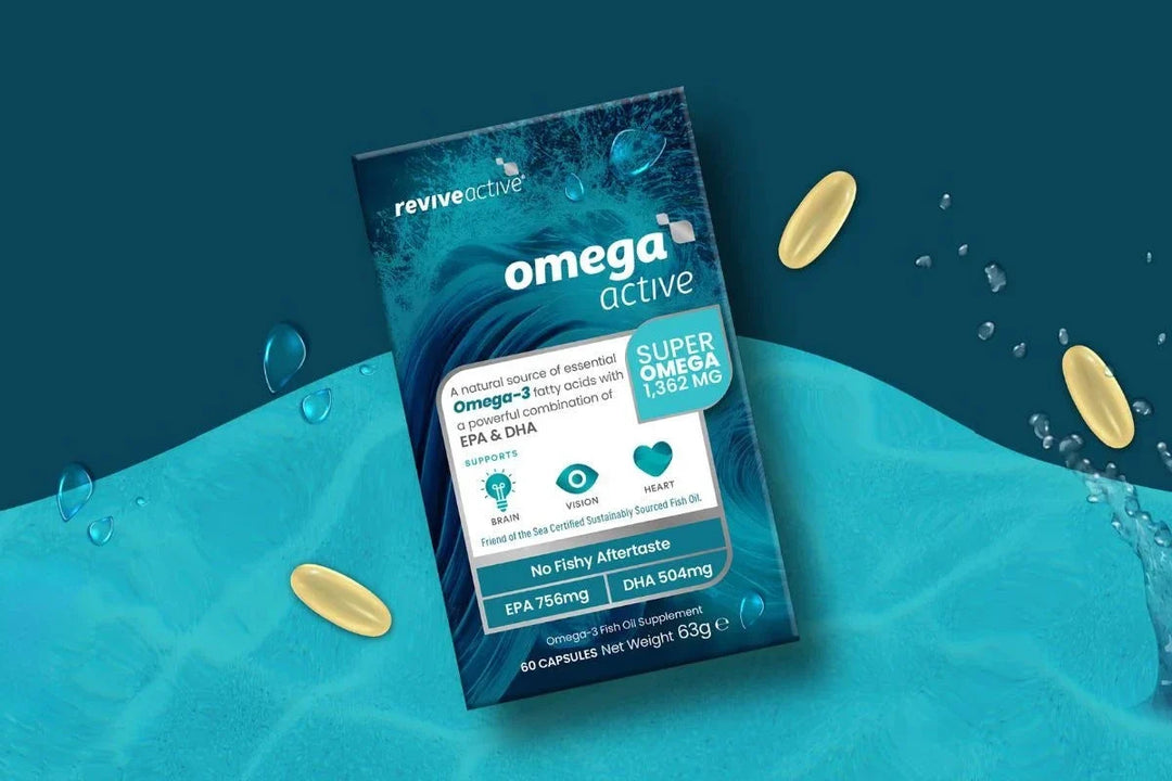 Omega Active omega-3 supplement box with teal packaging, gold capsules, and visible EPA and DHA details