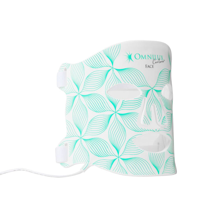 Omnilux Contour Face LED mask in white with turquoise floral line pattern and flexible eye and mouth openings