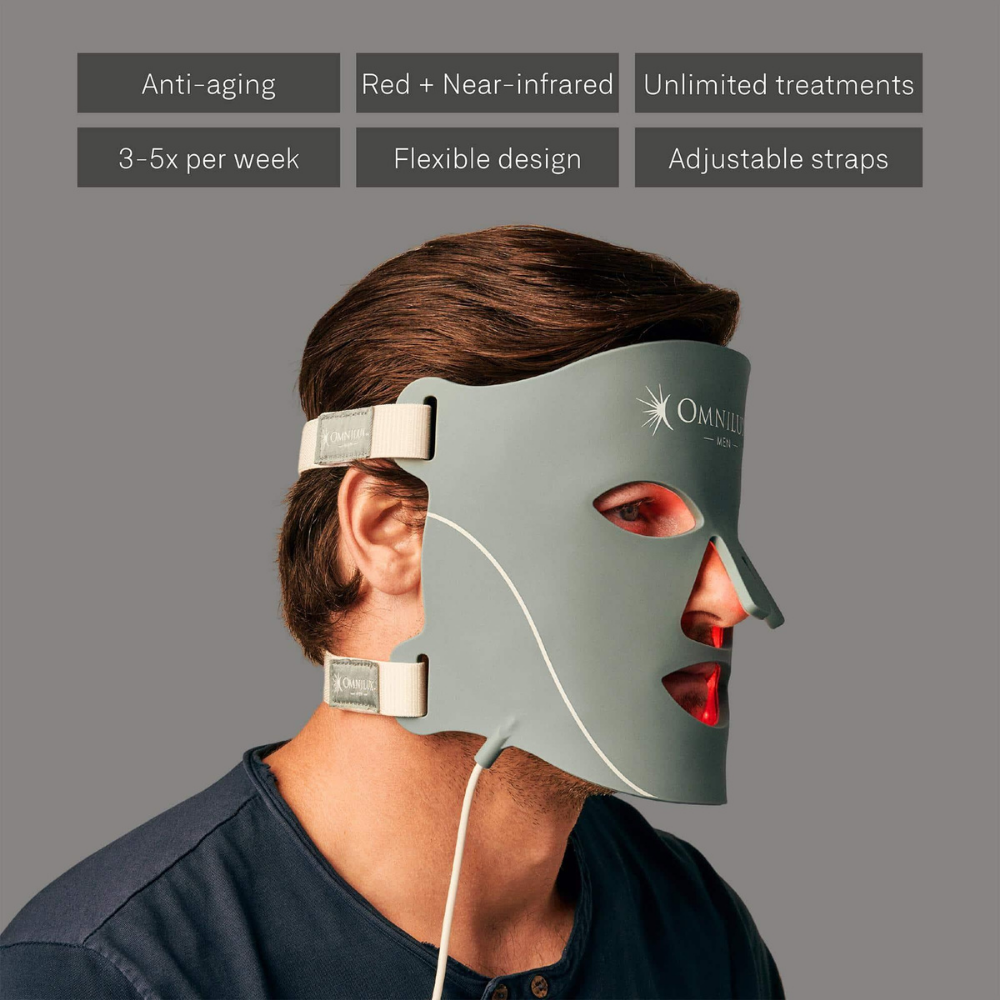 Omnilux Men LED Mask, grey flexible silicone face mask with adjustable straps and red near-infrared LEDs