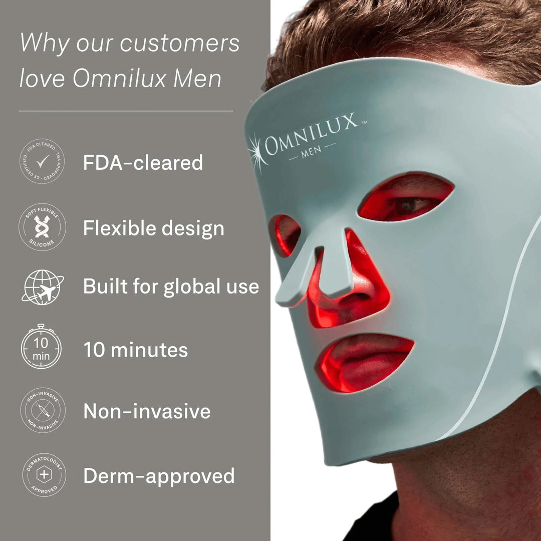 Omnilux Men LED Mask in flexible grey silicone with red LED lights, eye and mouth openings, and adjustable straps