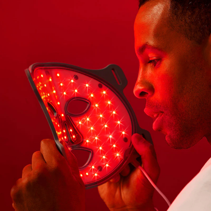 Omnilux Men LED Mask red silicone face mask with illuminated LED lights and adjustable straps