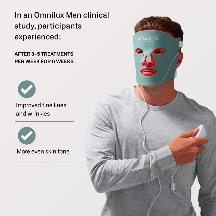 Omnilux Men LED Mask in teal silicone with red LED lights, worn by a man with wired handheld controller