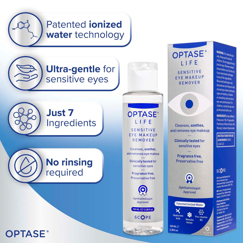 Optase Life Sensitive Eye Makeup Remover, clear 100ml bottle and blue-white carton with eye-care claims