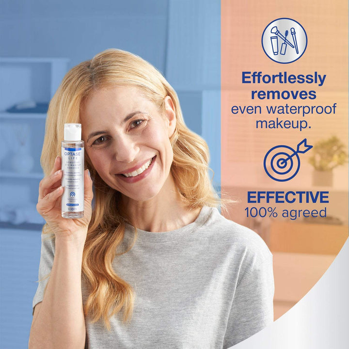 Optase Life Sensitive Eye Makeup Remover clear 100ml bottle held by smiling woman, with waterproof makeup removal claim