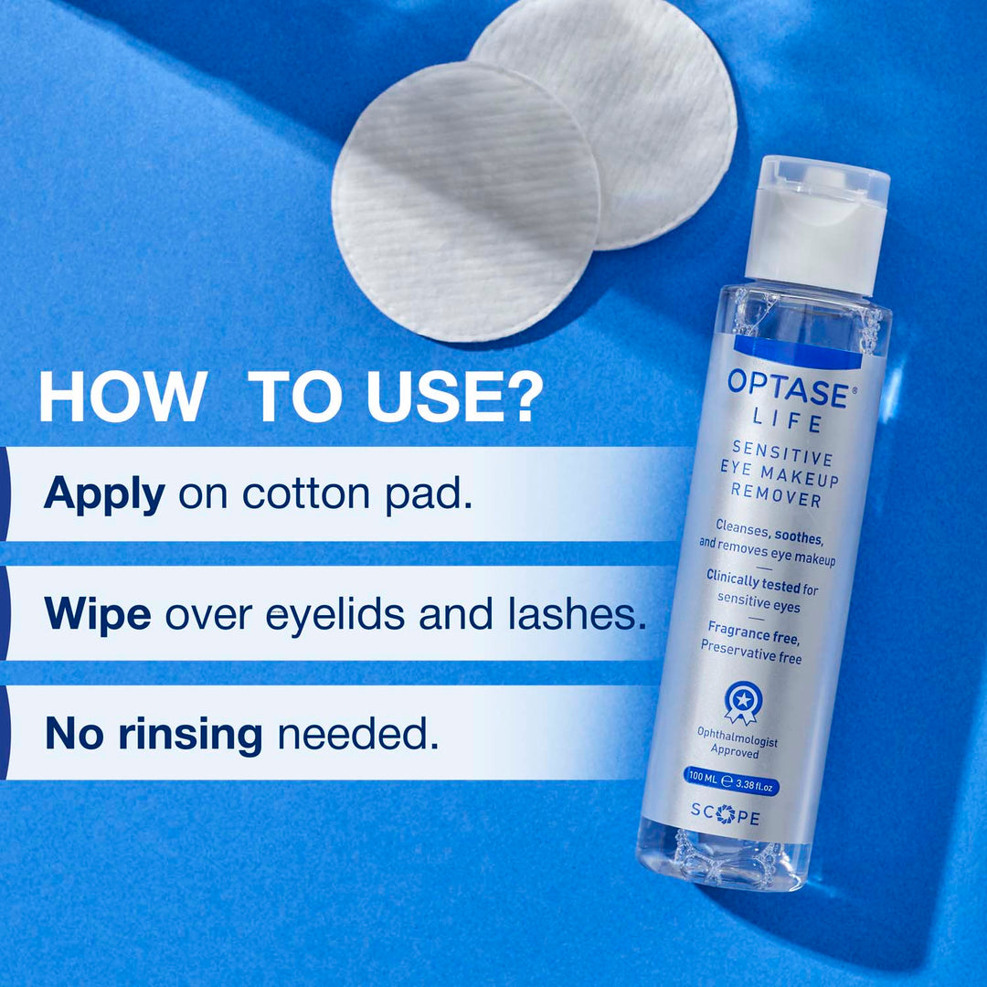 Optase Life Sensitive Eye Makeup Remover clear 100ml bottle with white pump, shown beside cotton pads