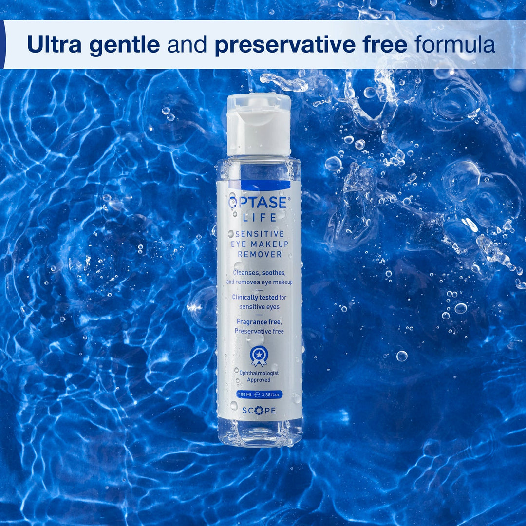 Optase Life Sensitive Eye Makeup Remover in a clear pump bottle with blue and white label