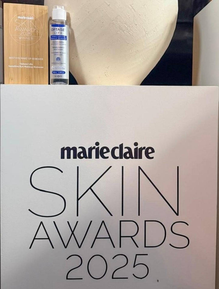 Optase Life Sensitive Eye Makeup Remover bottle with Marie Claire Skin Awards 2025 award display