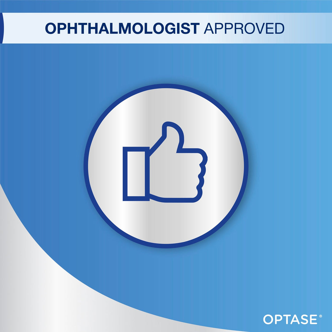 Optase Life Sensitive Eye Makeup Remover ophthalmologist approved blue graphic with thumbs-up icon