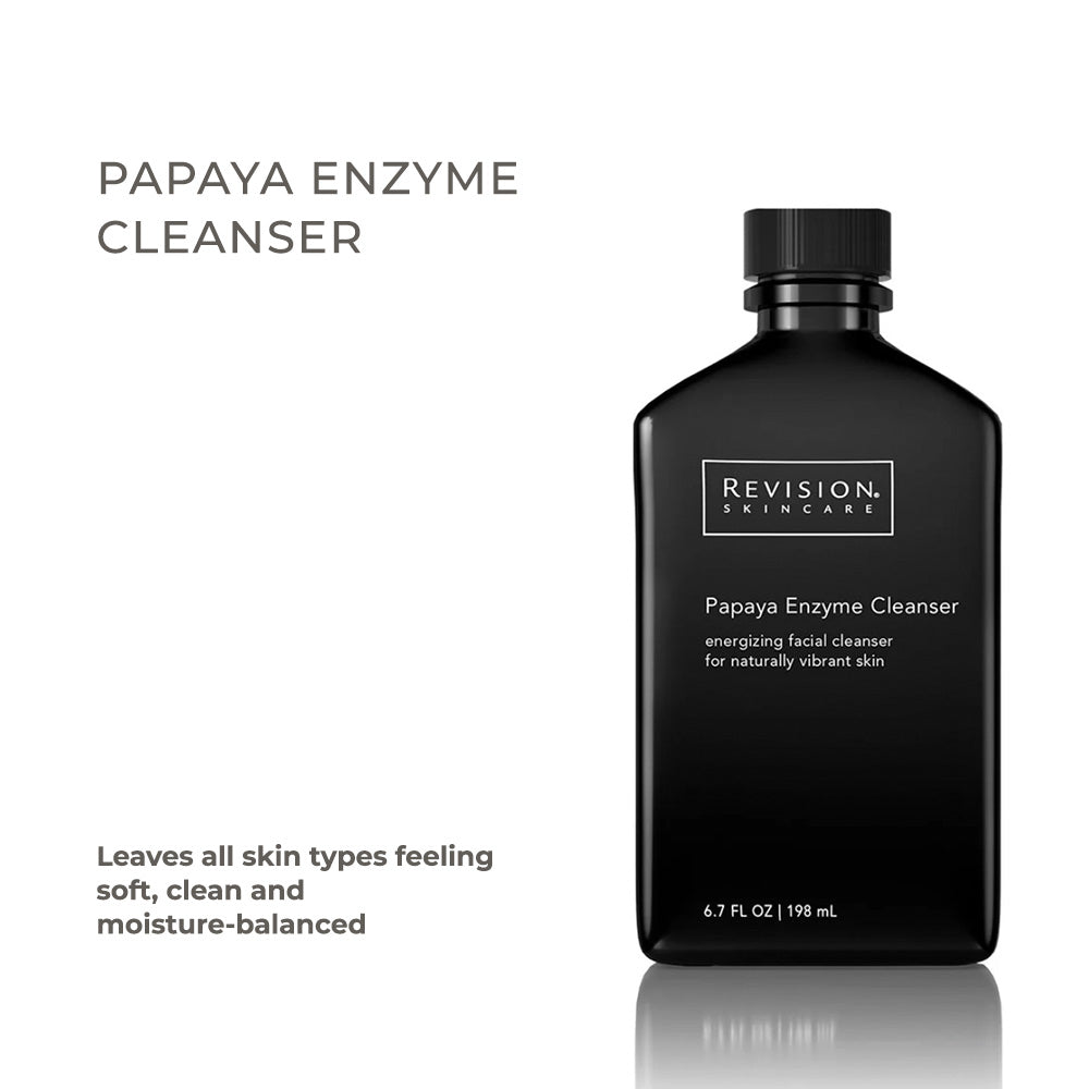 Papaya Enzyme Cleanser in a black Revision Skincare bottle with a rectangular shape and black cap