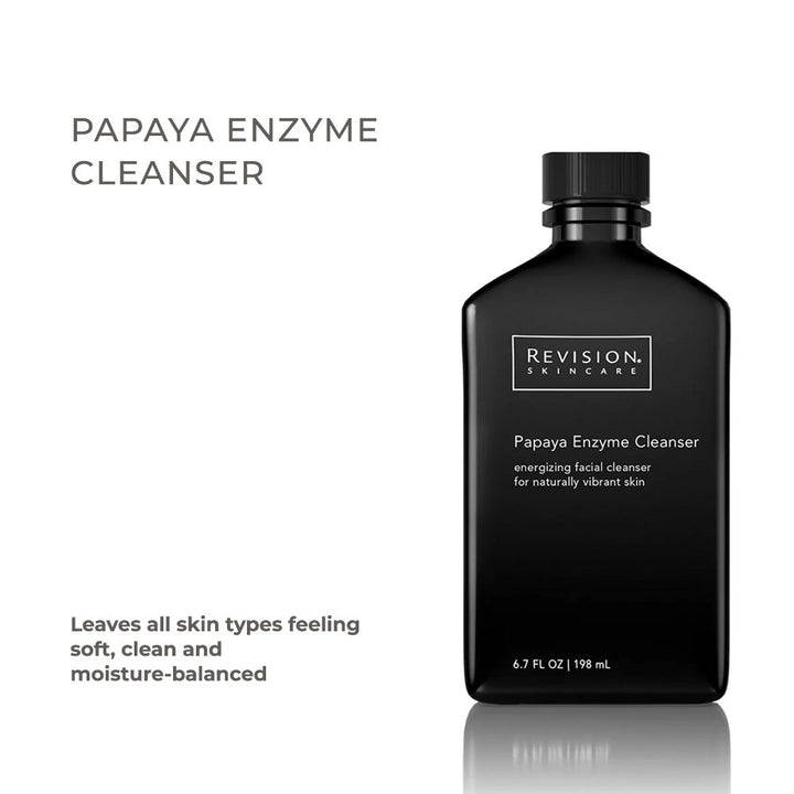 Papaya Enzyme Cleanser in a black Revision Skincare bottle with a rectangular shape and black cap
