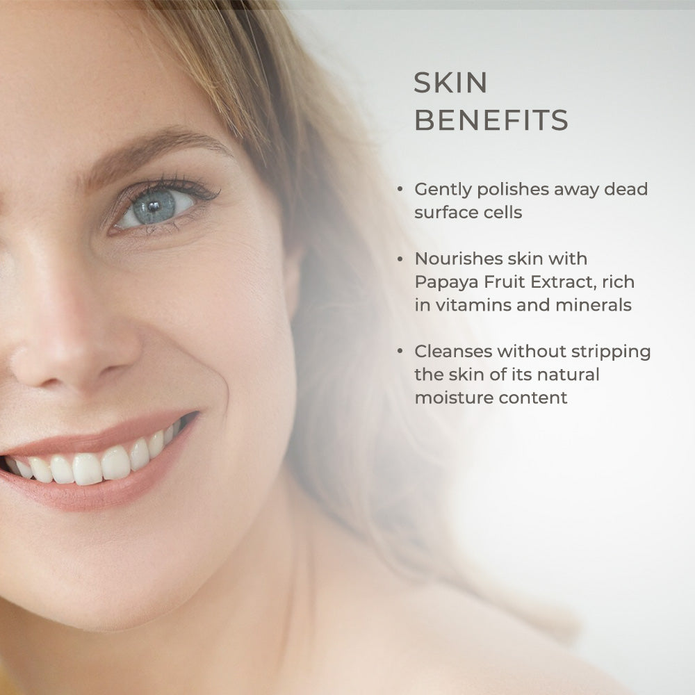 Papaya Enzyme Cleanser benefits graphic featuring a smiling woman and text about gentle exfoliation and moisture balance
