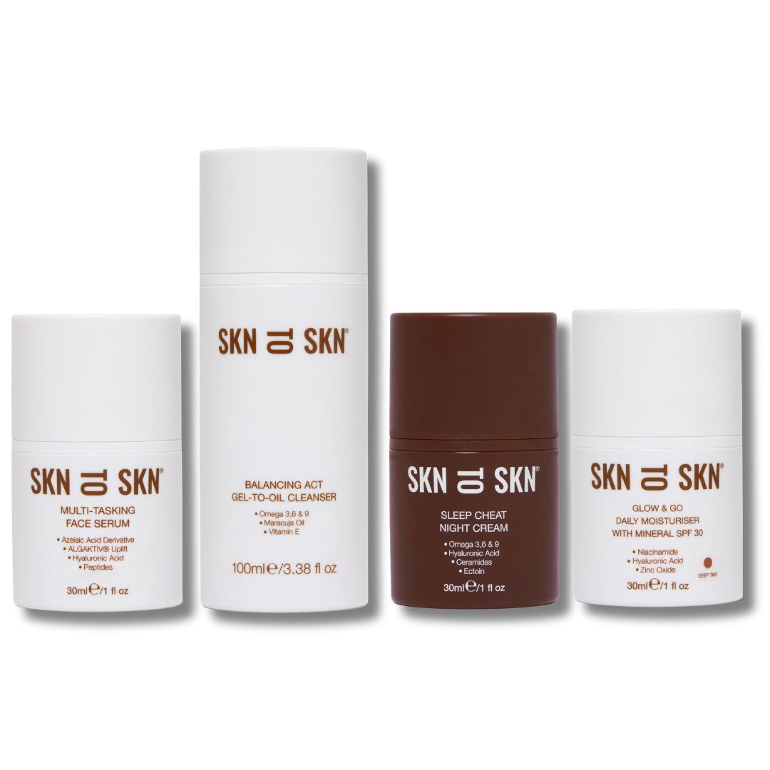 Pregnancy Bundle with four Skn to Skn skincare products in white and brown bottles, including SPF 30 moisturiser