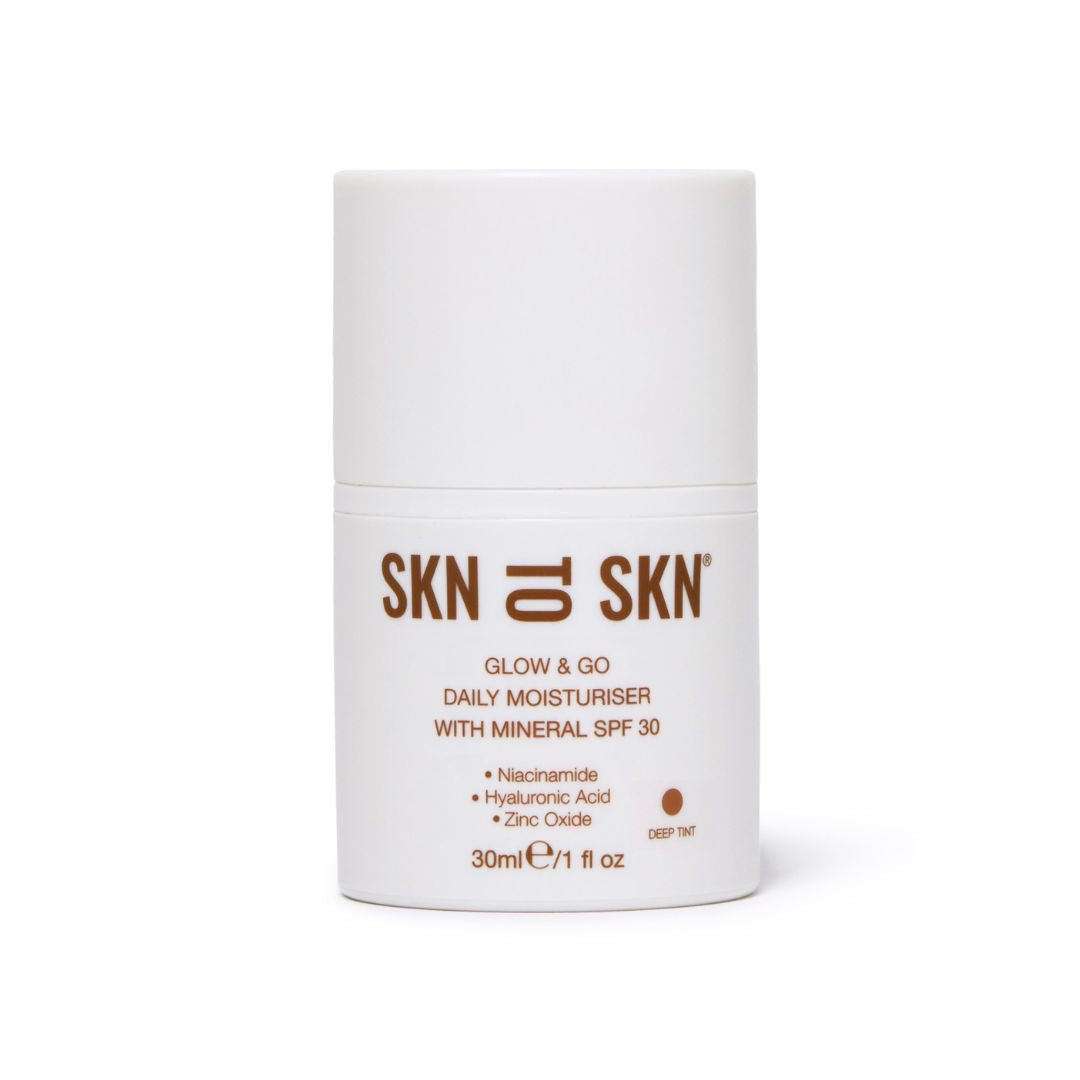Pregnancy Bundle Glow & Go daily moisturiser in a white container with mineral SPF 30 and deep tint