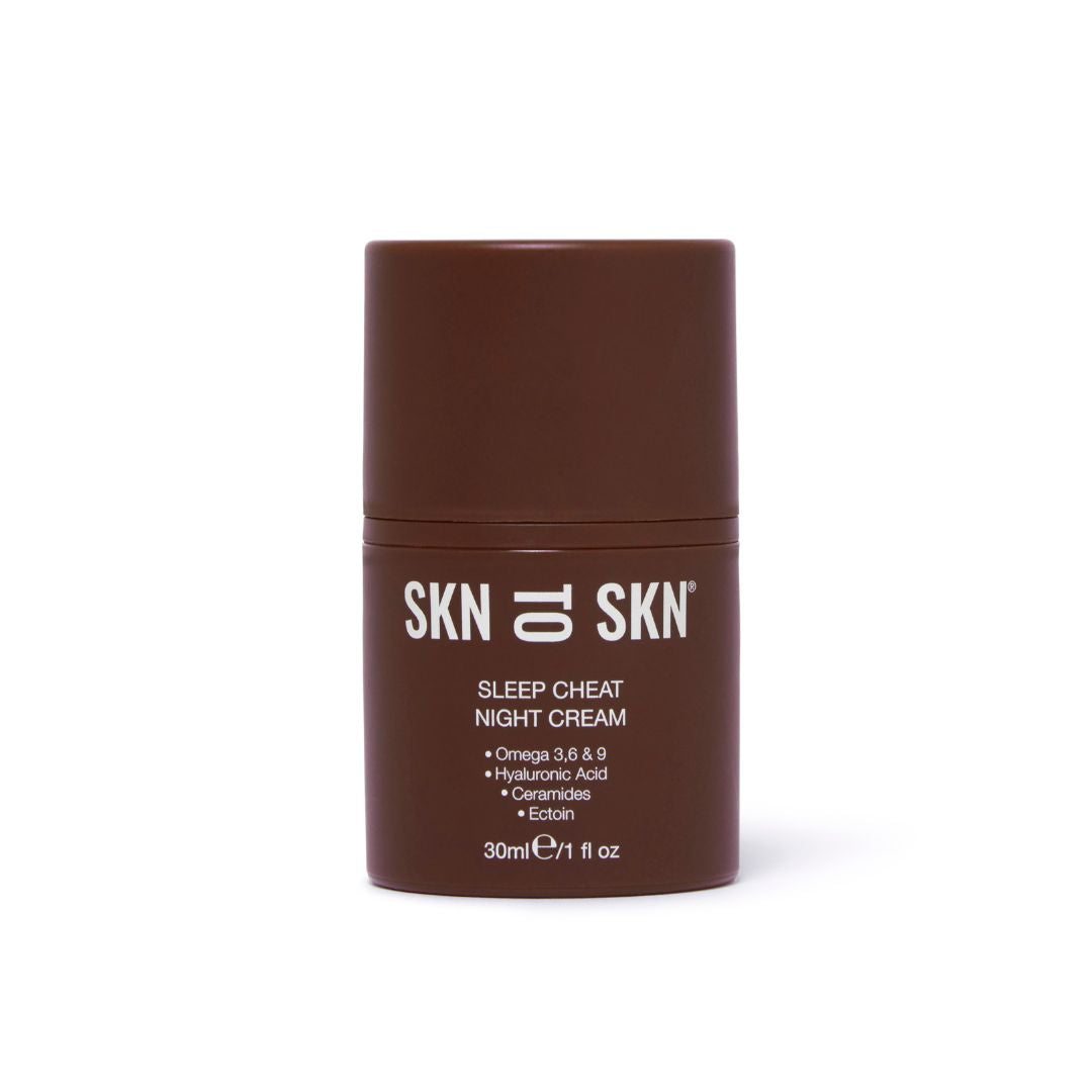 Pregnancy Bundle night cream in a brown cylindrical pump bottle with a minimalist white SKN TO SKN label