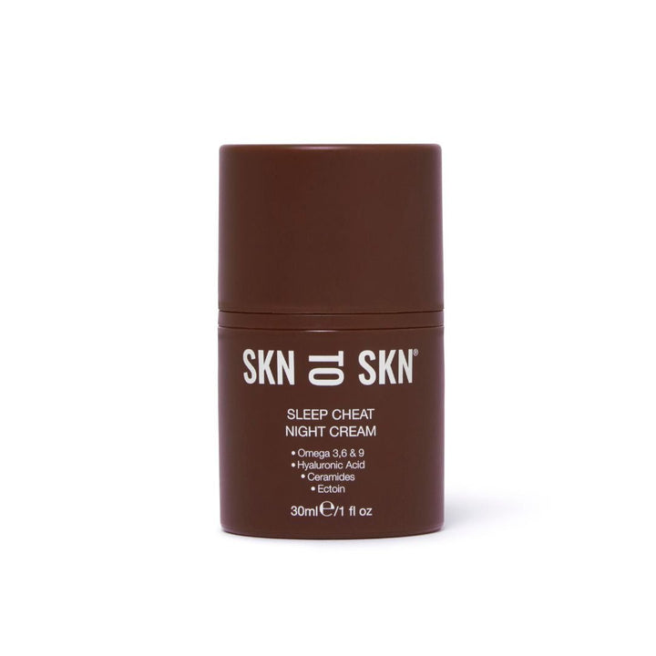 Pregnancy Bundle night cream in a brown cylindrical pump bottle with a minimalist white SKN TO SKN label