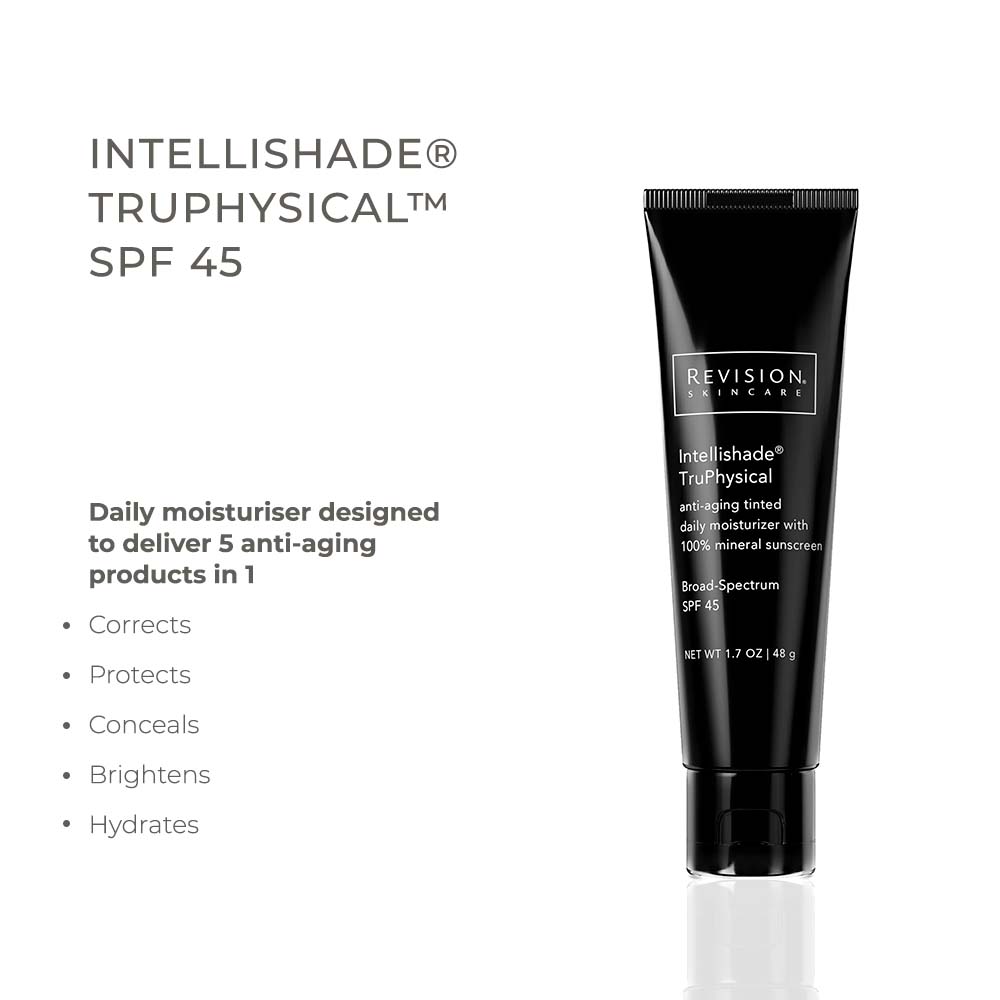 Revision Intellishade TruPhysical black tube of tinted moisturiser with SPF 45 and 5-in-1 anti-ageing formula