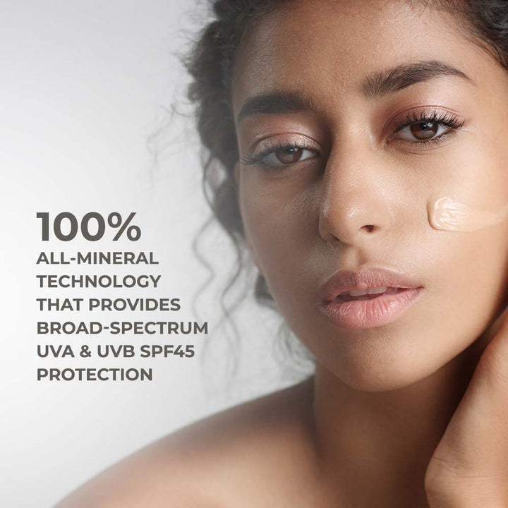 Revision Intellishade TruPhysical tinted mineral sunscreen moisturiser with cream swatch and SPF 45 protection