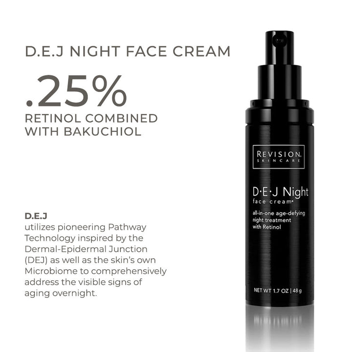 Revision Skincare D.E.J Night Face Cream in a black pump bottle with .25% retinol and bakuchiol