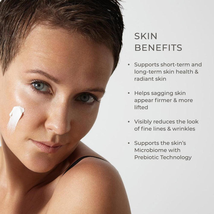 Revision Skincare D.E.J Night Face Cream shown as a white cream applied to a woman's cheek, with skin benefits text