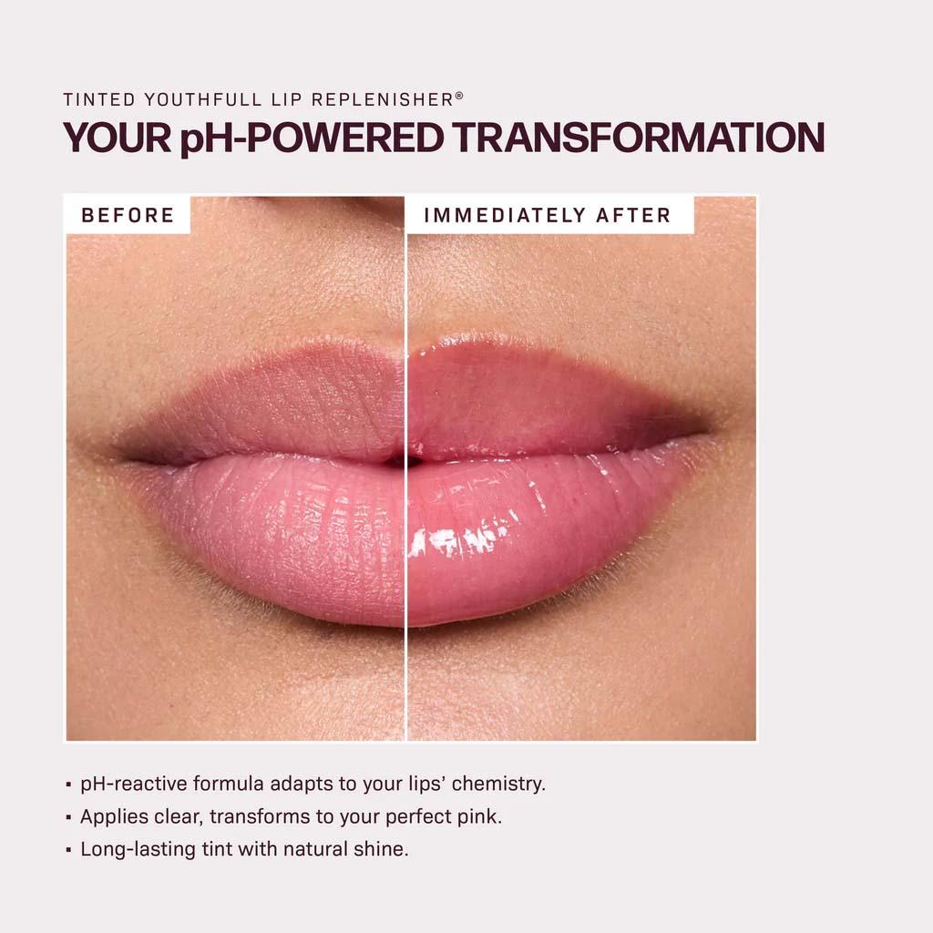 Revision Tinted Lip Replenisher shown before and after application, transforming lips to a glossy natural pink