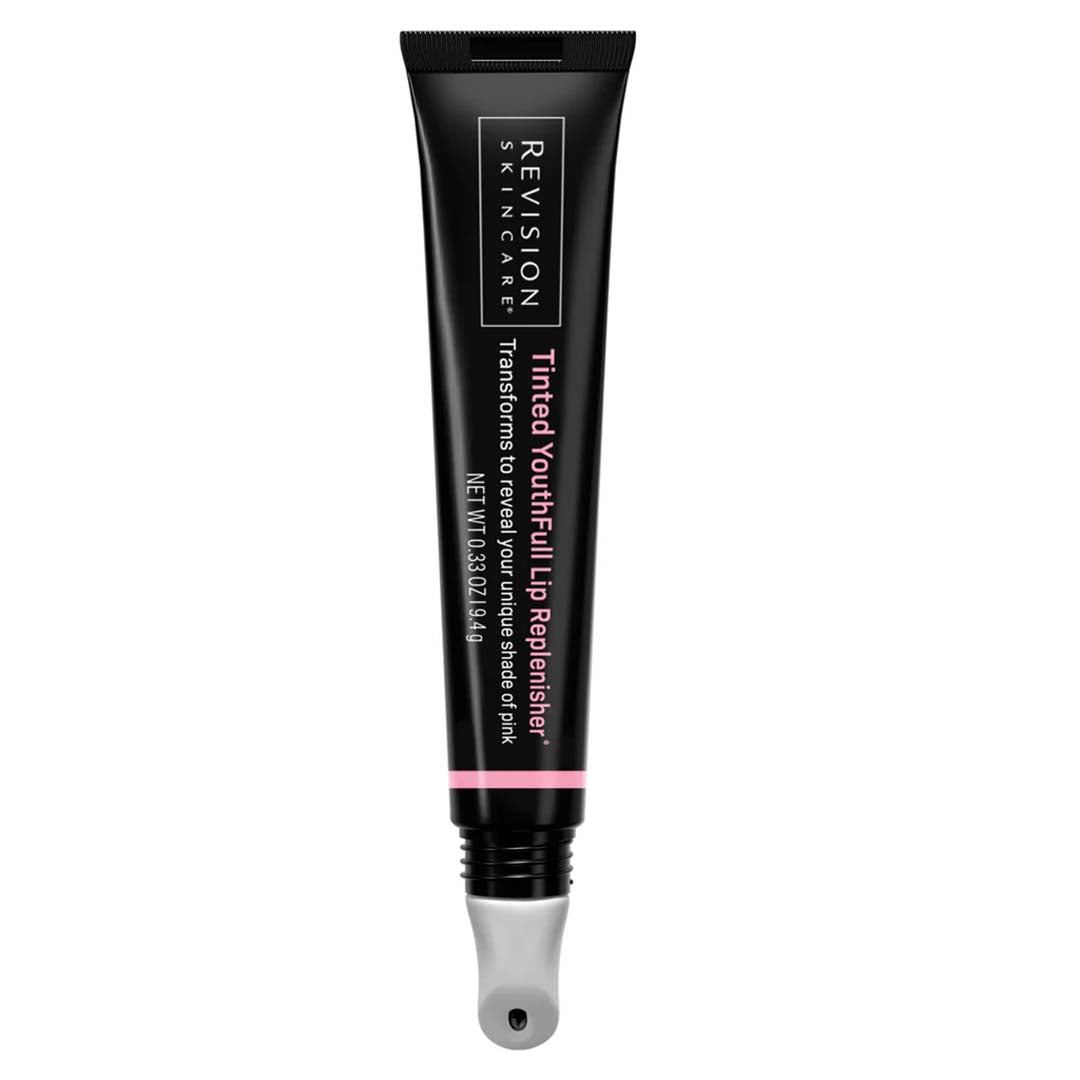 Revision Tinted Lip Replenisher in black tube with pink tinted formula and silver angled applicator