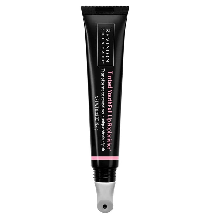 Revision Tinted Lip Replenisher in black tube with pink tinted formula and silver angled applicator