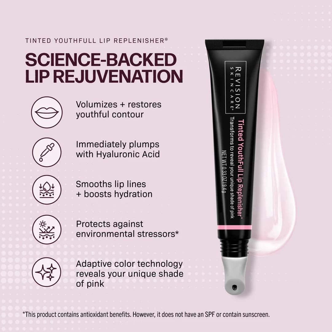 Revision Tinted Lip Replenisher black tube with pink-tinted formula and adaptive color technology for hydrated lips