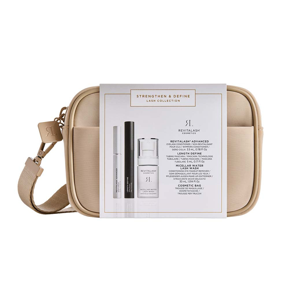 RevitaLash Strengthen & Define lash collection with conditioner, mascara and wash in a beige travel pouch