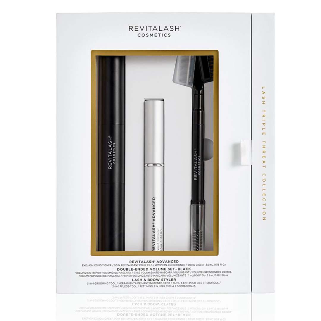 RevitaLash Triple Threat lash and brow gift set with black mascara, silver serum and dual-ended grooming tool