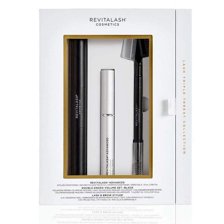 RevitaLash Triple Threat lash and brow gift set with black mascara, silver serum and dual-ended grooming tool