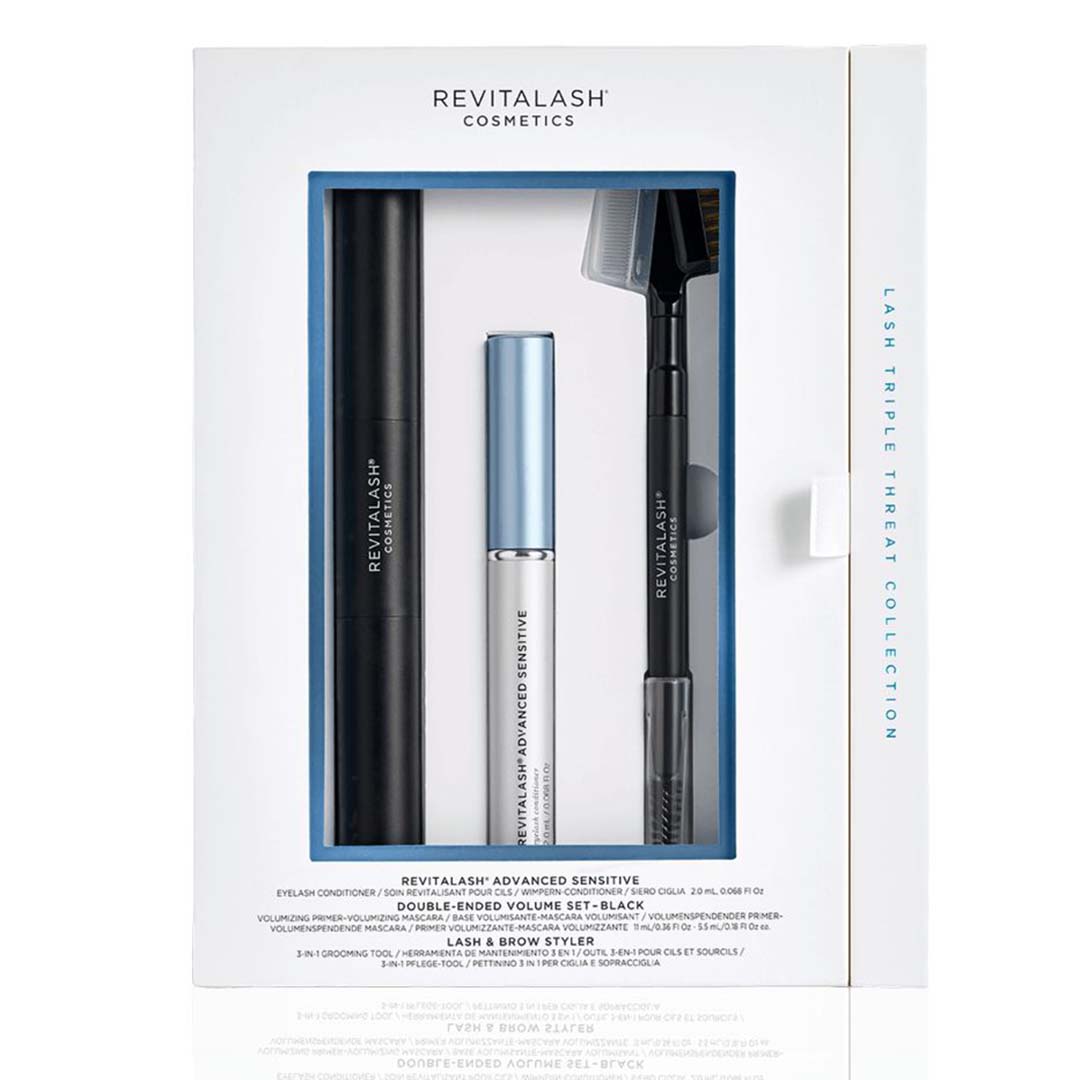 RevitaLash Triple Threat lash care gift set in white packaging with black mascara, silver serum and dual-ended styler