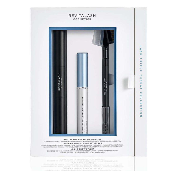 RevitaLash Triple Threat lash care gift set in white packaging with black mascara, silver serum and dual-ended styler