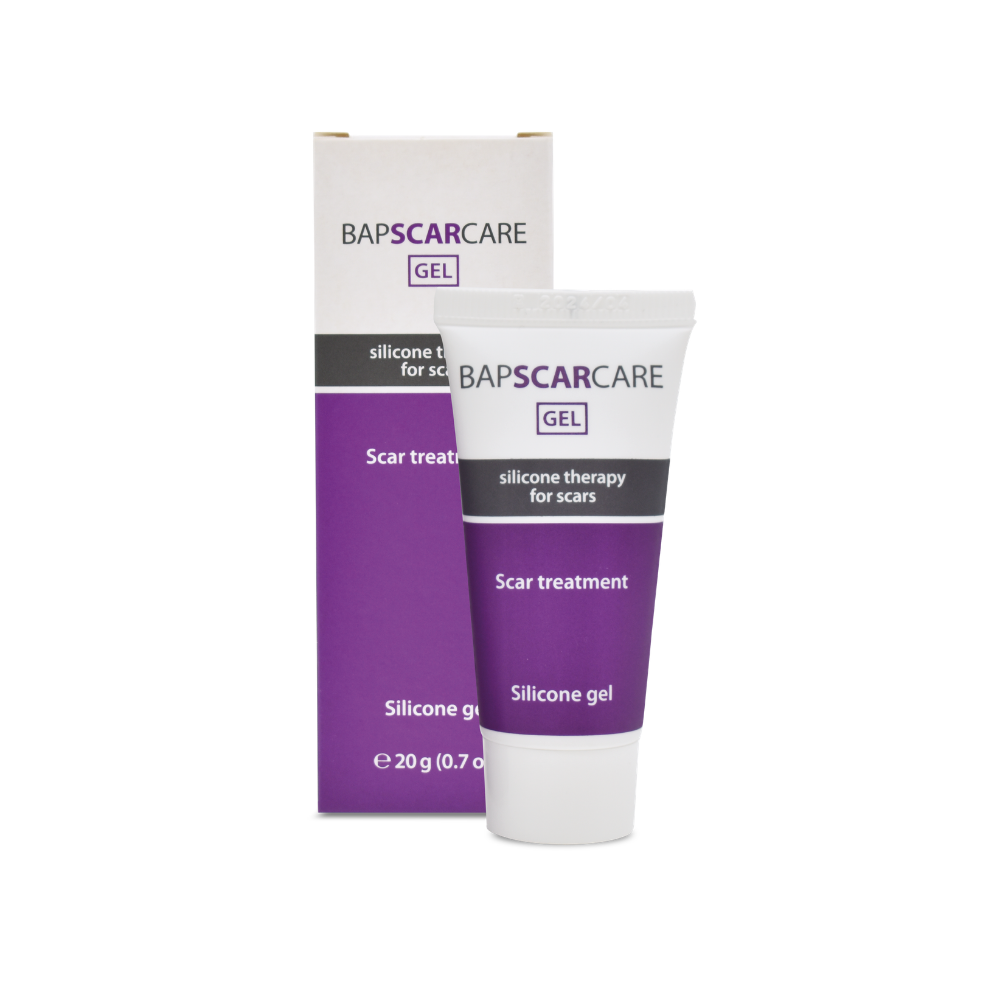 Silicone gel for scars in a 20g white tube and box, with purple BAPSCARCARE packaging and scar treatment labels