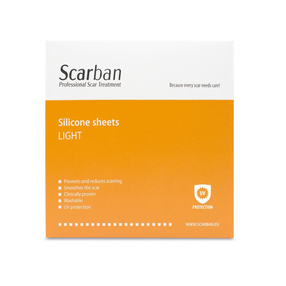 Silicone sheets Light scar treatment pack in white and orange packaging with washable UV protection