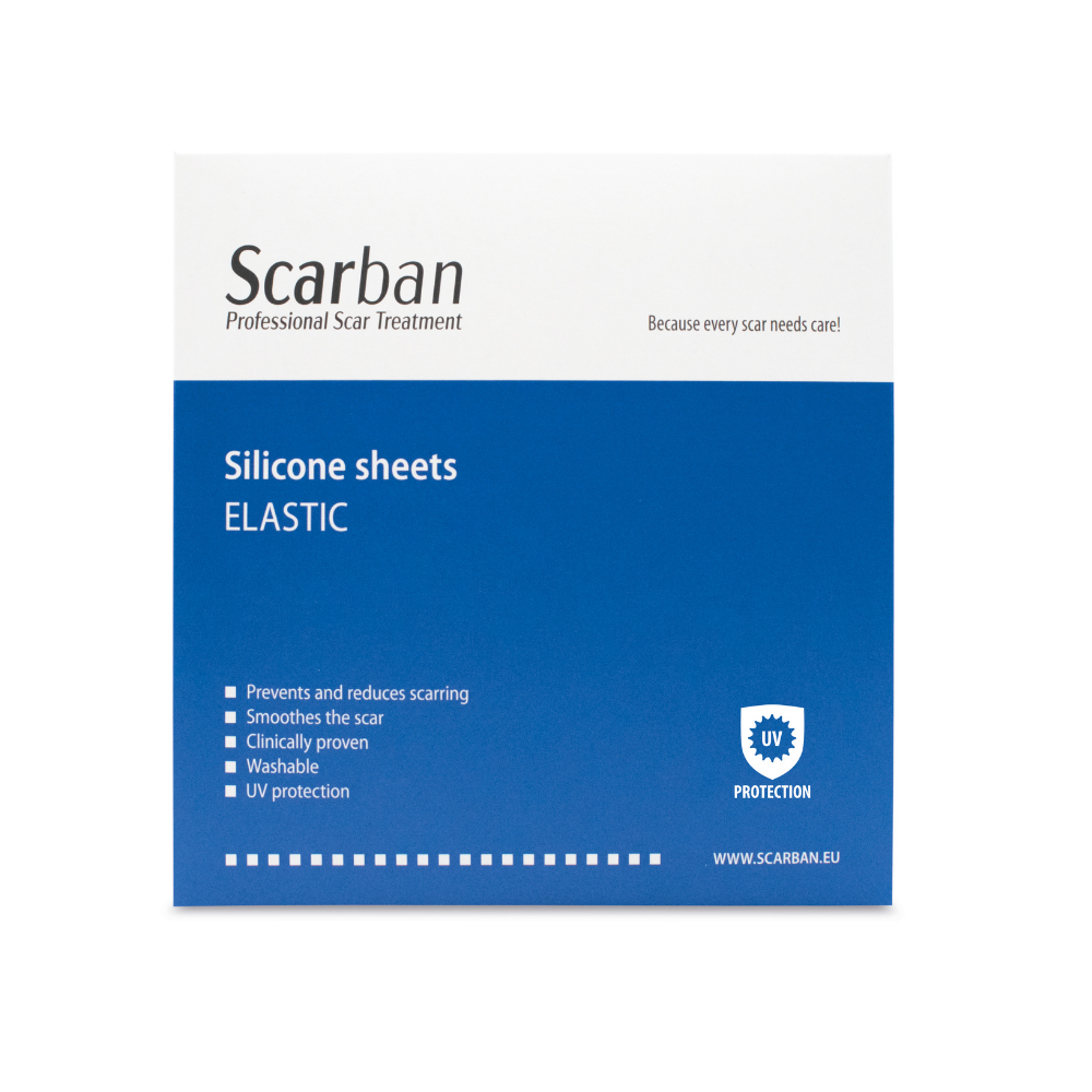 Silicone Sheets Scarban Elastic packaging in white and blue, labelled washable with UV protection