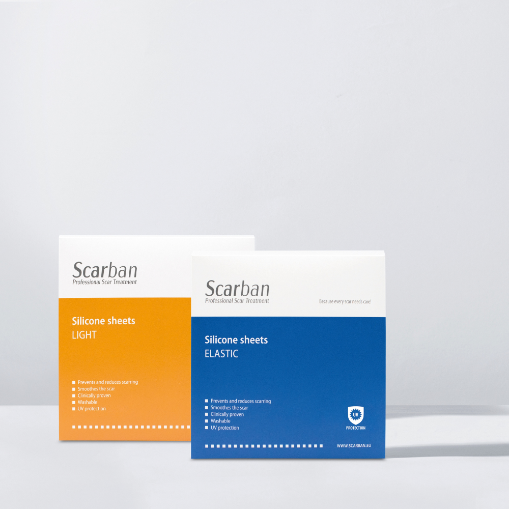Silicone sheets in Scarban Light and Elastic boxes, white packaging with orange and blue panels